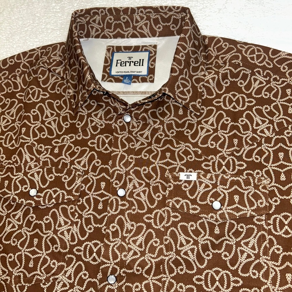 Ferrell Product Vented Pearl Snap Shirt Rope Print Mens Large Dark Brown Darrell